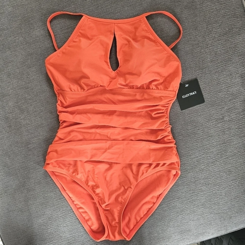 Ellen Tracy Women High Neck Over the Shoulder One Piece keyhole Swimsuit Size 10